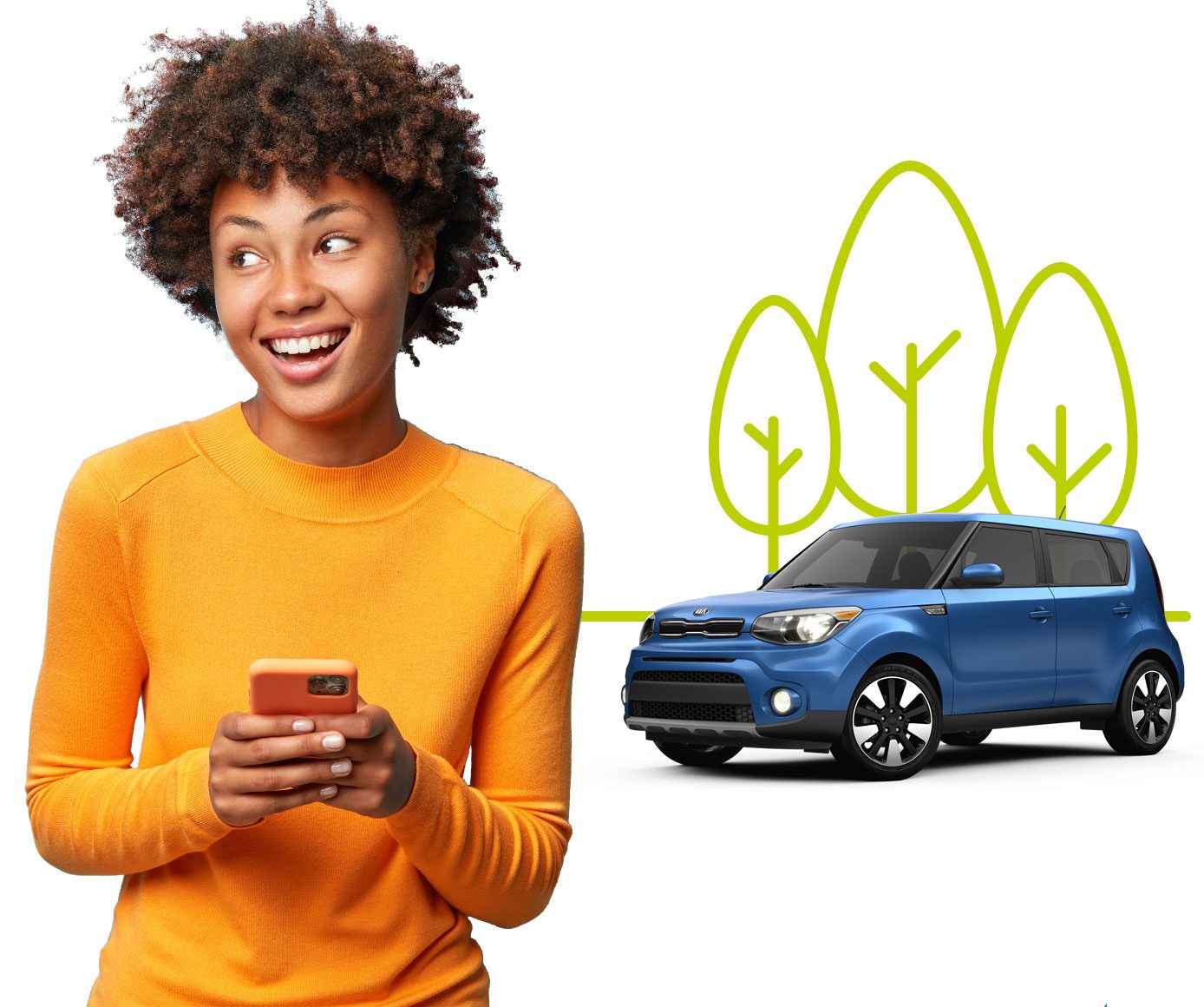 Smiling young black woman in orange sweater uses mobile phone to buy temporary car insurance. Blue Kia car in background.